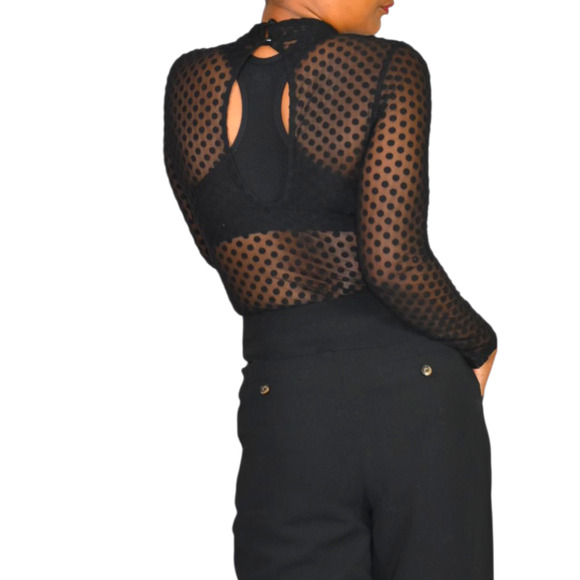 Windsor Sheer Bodysuit Black Flocked Polka Dot Mock Mesh Neck Long Sleeves Small - Picture 5 of 15